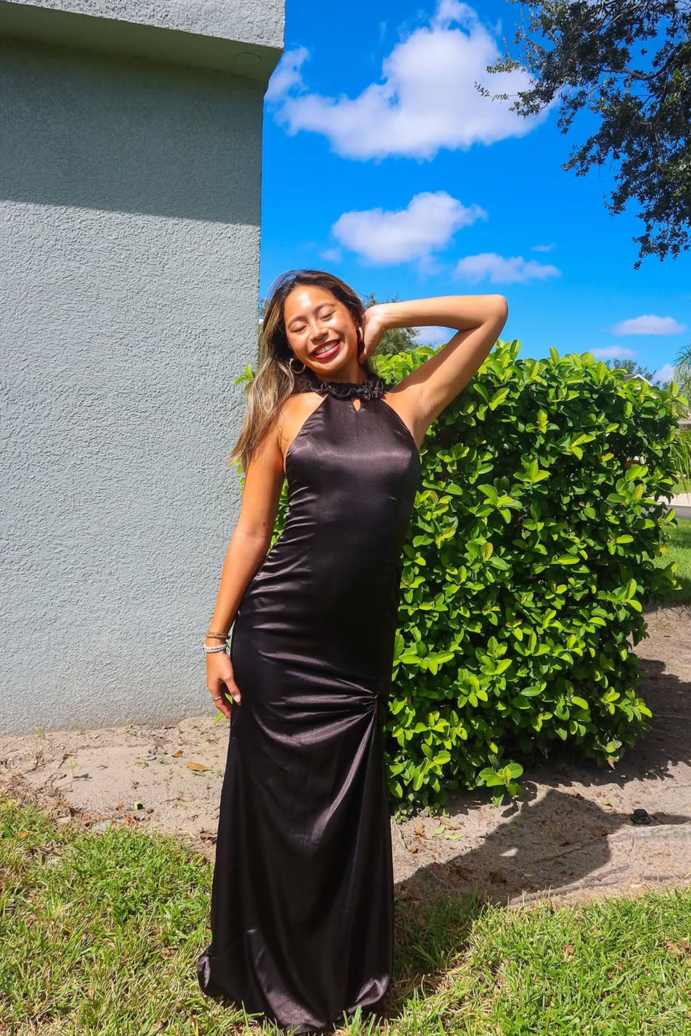 Black Satin Halter Sheath Backless Long Formal Dress with Slit