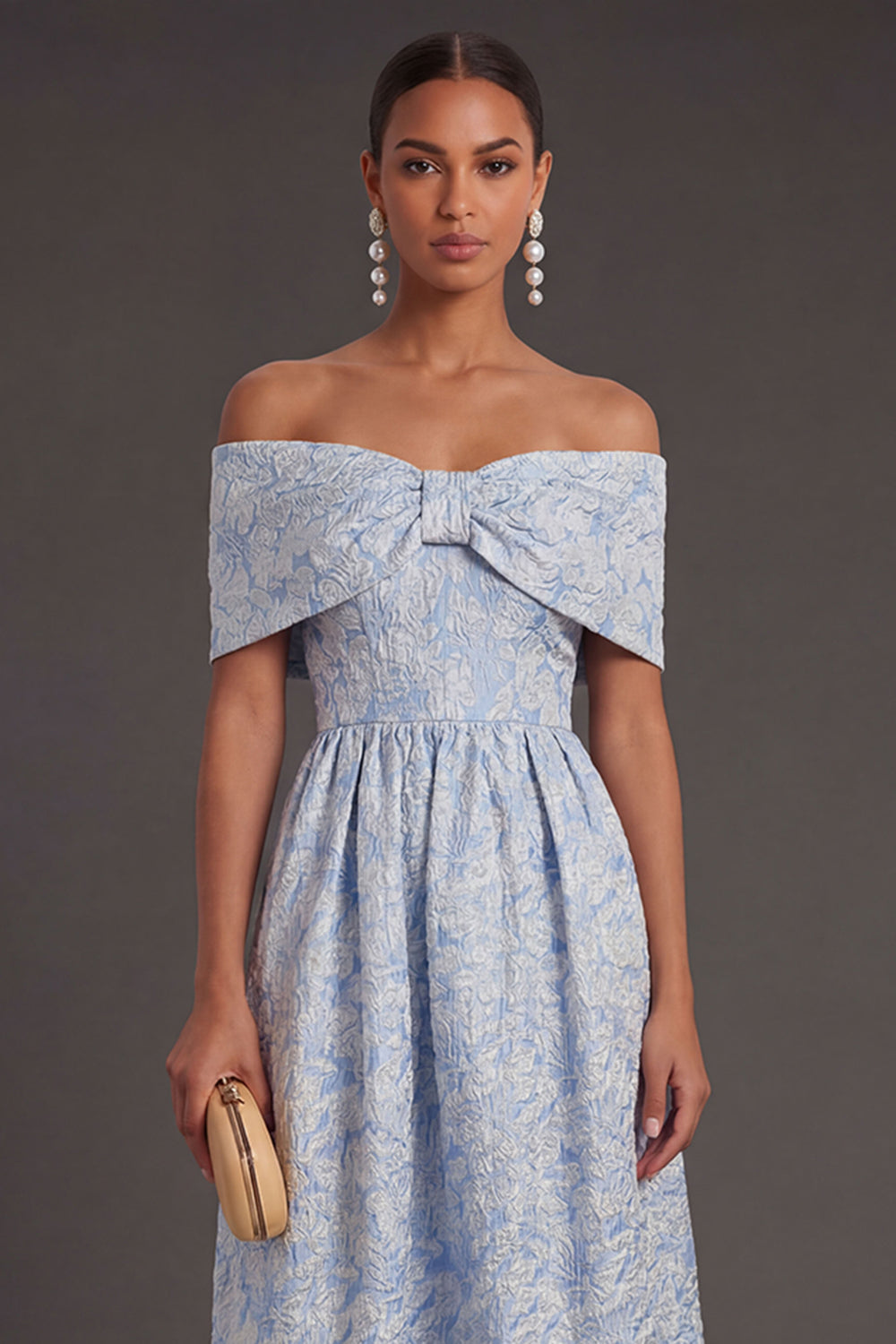 Blue Jacquard A Line Off the Shoulder Floral Long Formal Dress