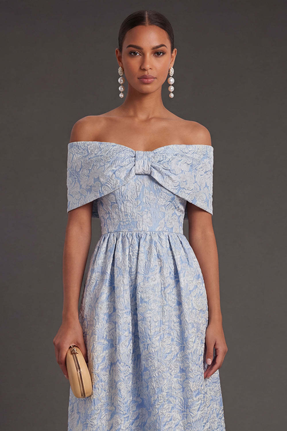 Blue Jacquard A Line Off the Shoulder Floral Long Formal Dress