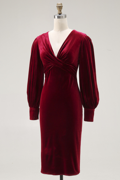 Cabernet Midi Velvet Sheath V-Neck Formal Dress with Sleeves