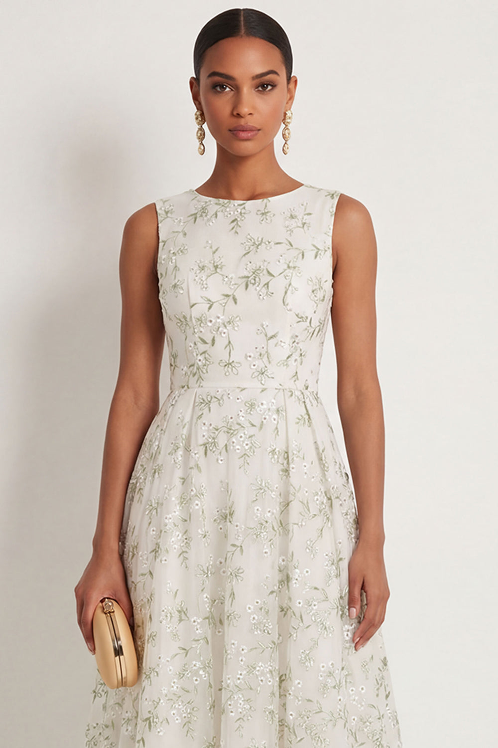 A Line Light Green Round Neck Sleeveless Embroidered Long Formal Dress