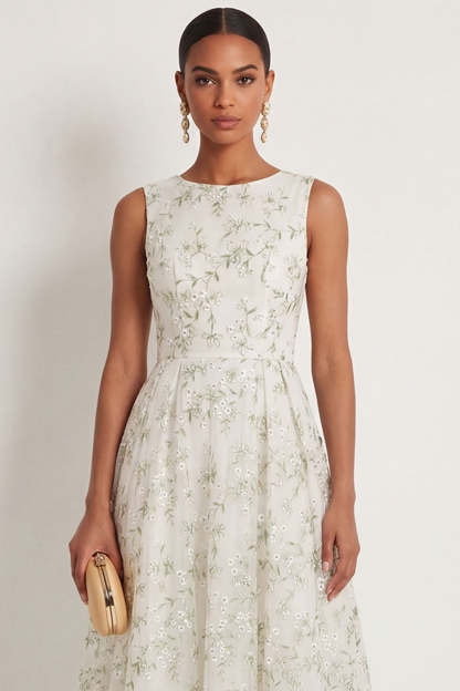 A Line Light Green Round Neck Sleeveless Embroidered Long Formal Dress