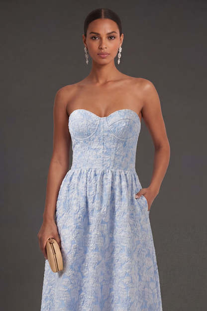 Jacquard Blue Floral A Line Backless Long Formal Dress