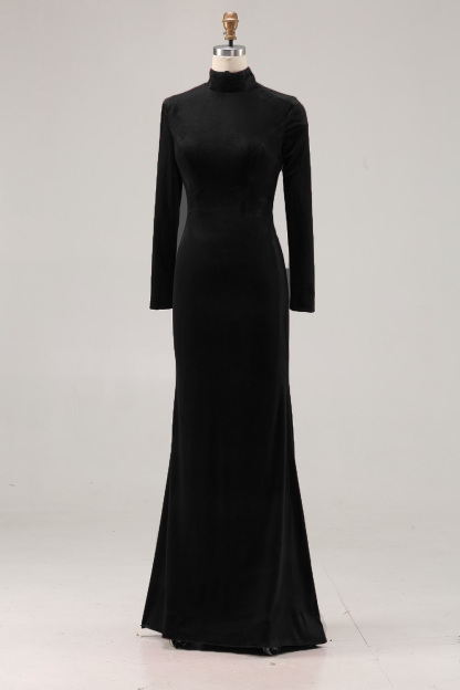 Black Velvet High Neck Sweep Train Holiday Party Dress with Sleeves