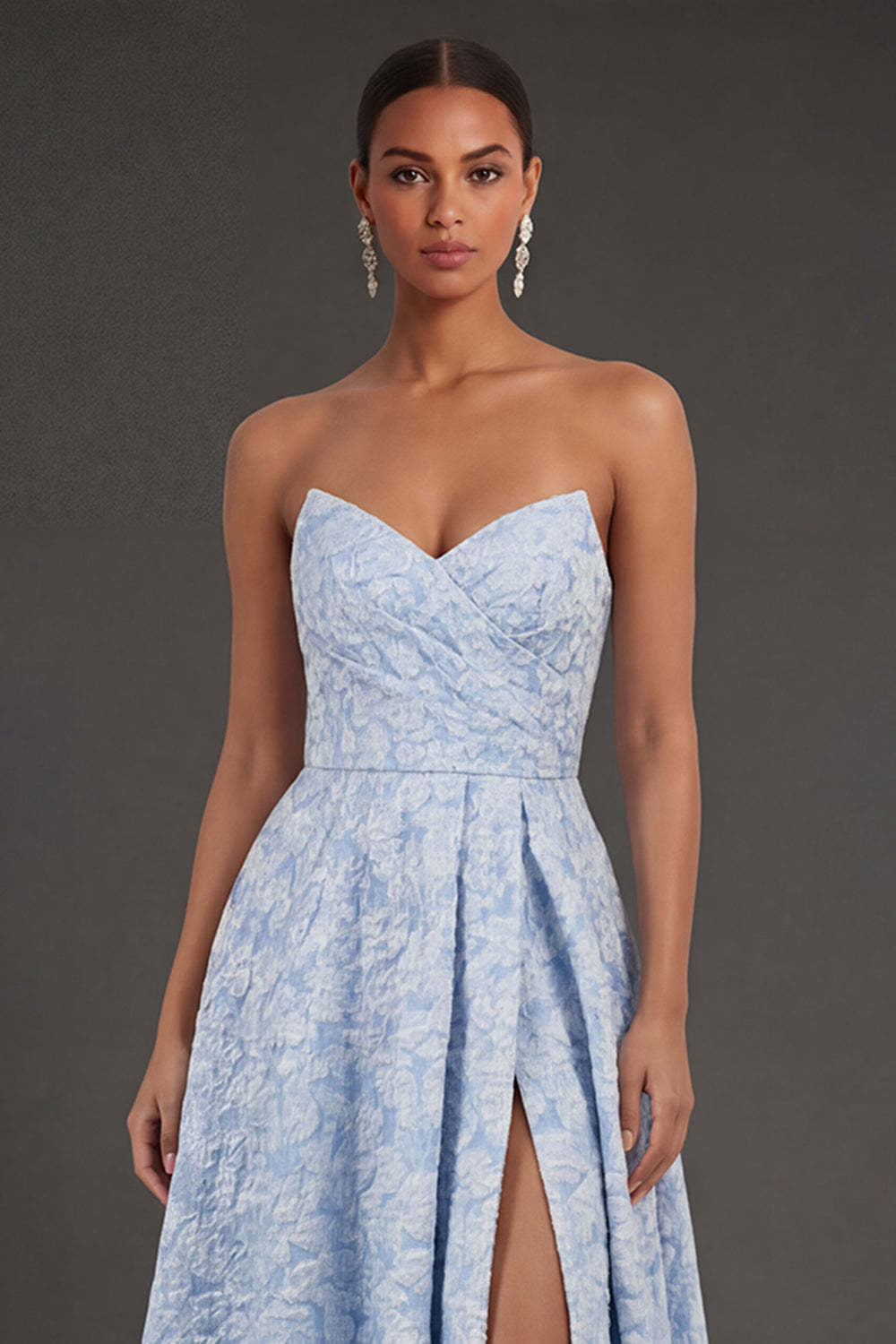 Sweetheart Blue Jacquard Floral A Line Long Formal Dress with Slit