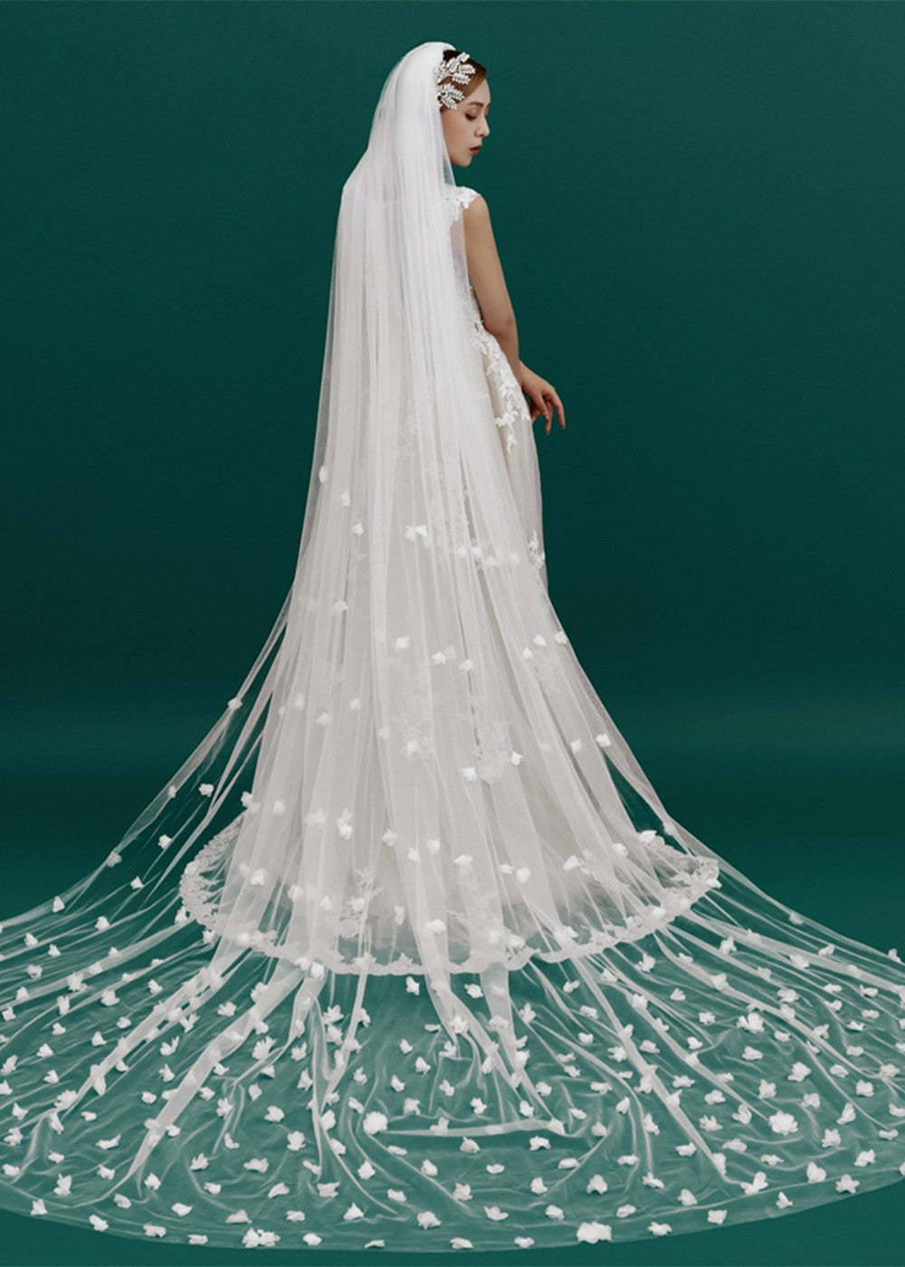 One-Tier Cut Edge Tulle Cathedral Veils With Appliques
