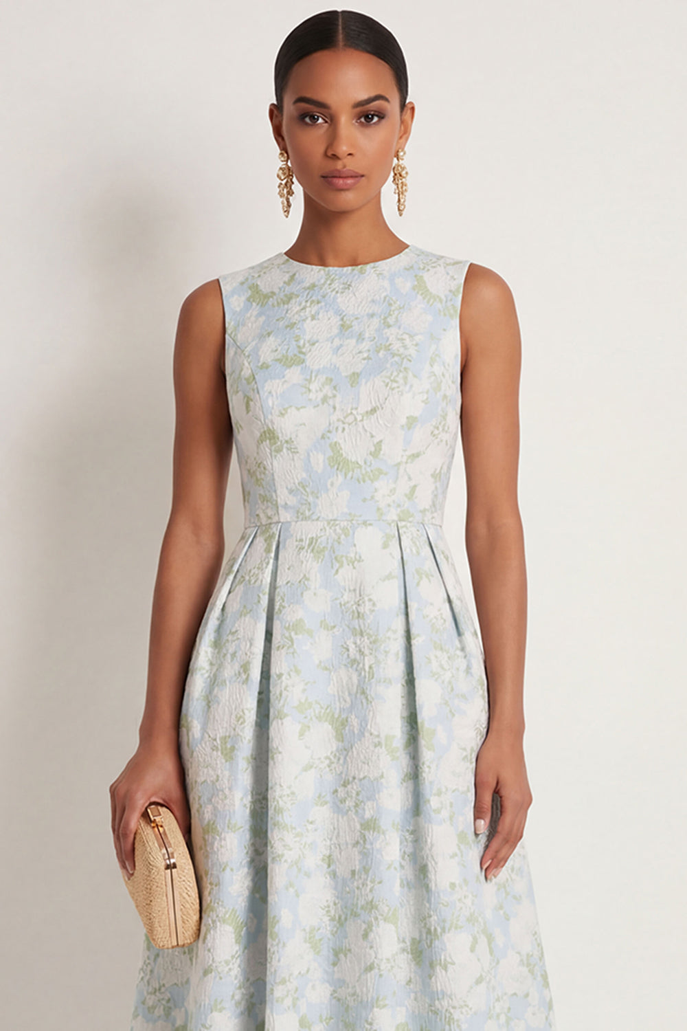 White Blue Floral A Line Round Neck Long Formal Dress