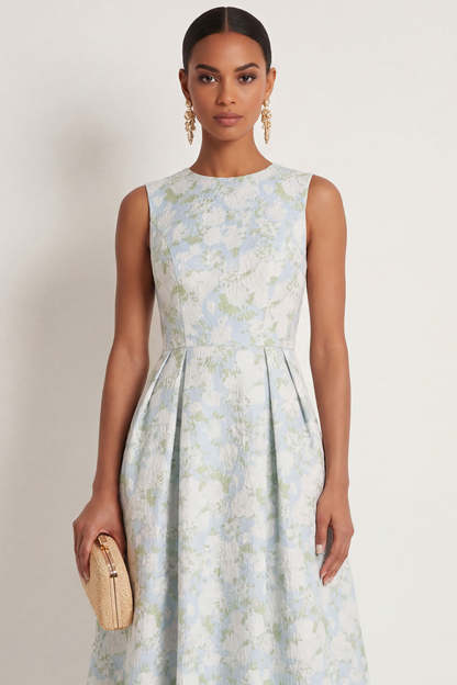 White Blue Floral A Line Round Neck Long Formal Dress