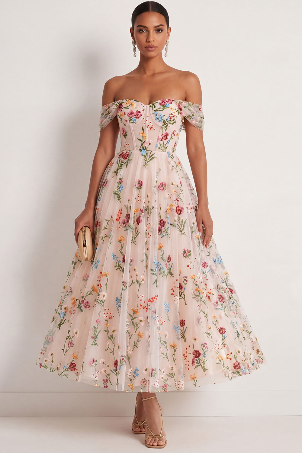 Black Floral A Line Embroidered Off the Shoulder Long Formal Dress