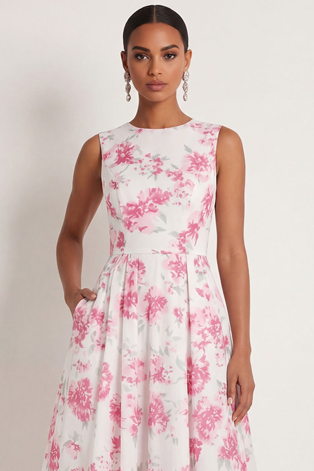 White Fuchsia Floral A Line Round Neck Long Formal Dress