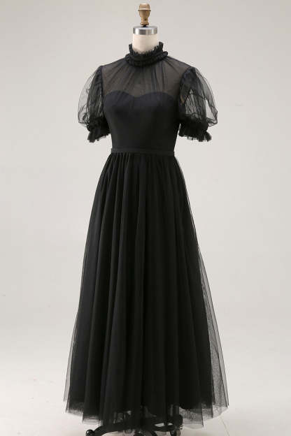 Black Long High Neck Plus Size A Line Formal Dress with Sleeves