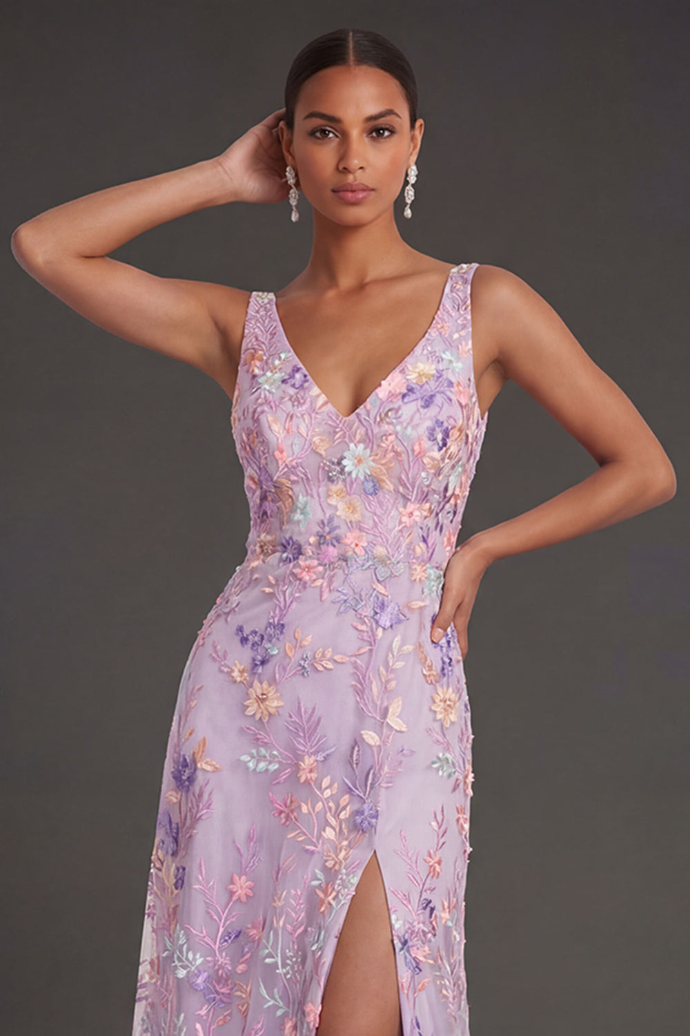 Lilac Floral A Line V Neck Embroidered Floral Long Formal Dress