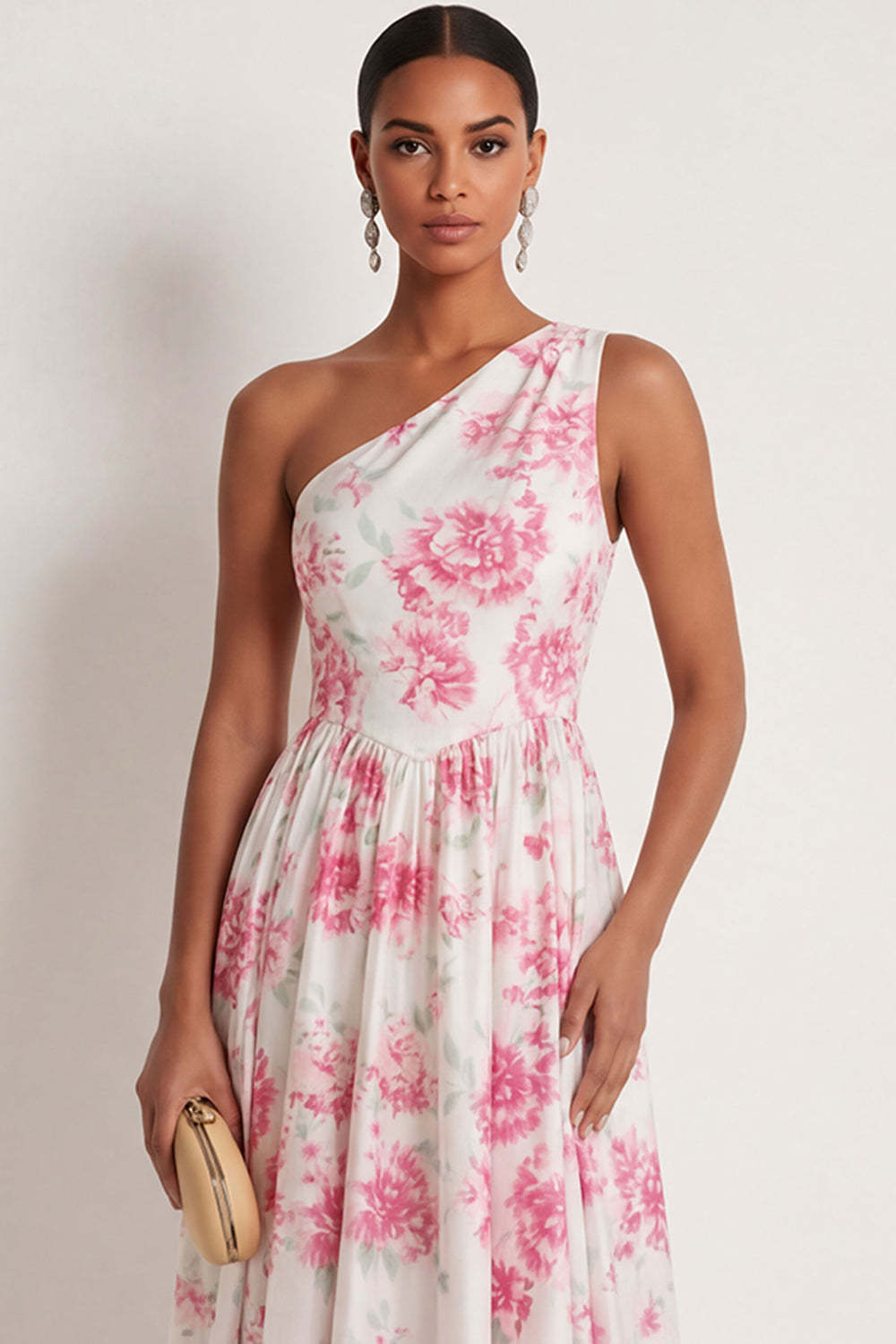 White Fuchsia Floral A Line One Shoulder Long Formal Dress