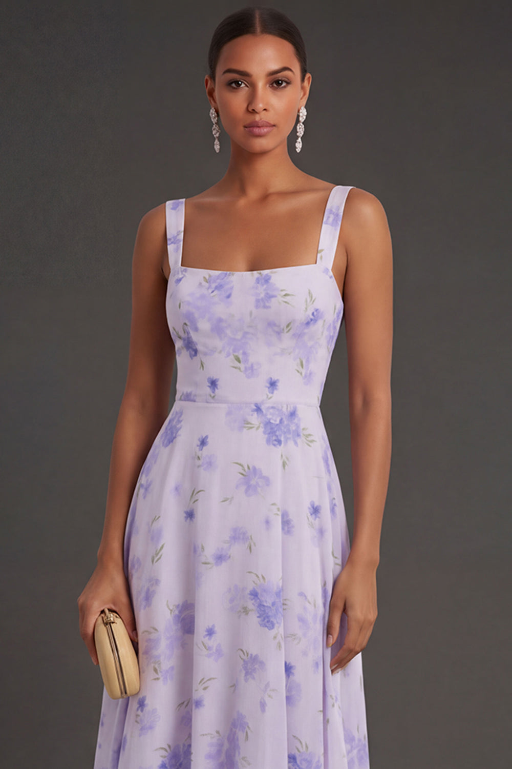 Floral Lilac A Line Thick Straps Sleeveless Backless Long Formal Dress