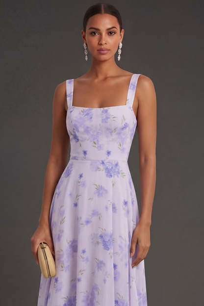 Floral Lilac A Line Thick Straps Sleeveless Backless Long Formal Dress