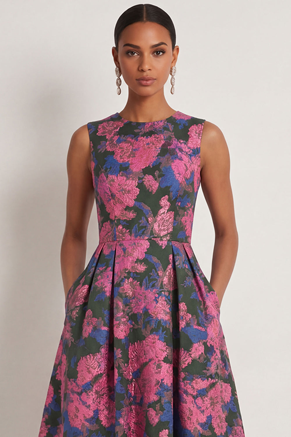A Line Fuchsia Floral Round Neck Sleeveless Long Formal Dress