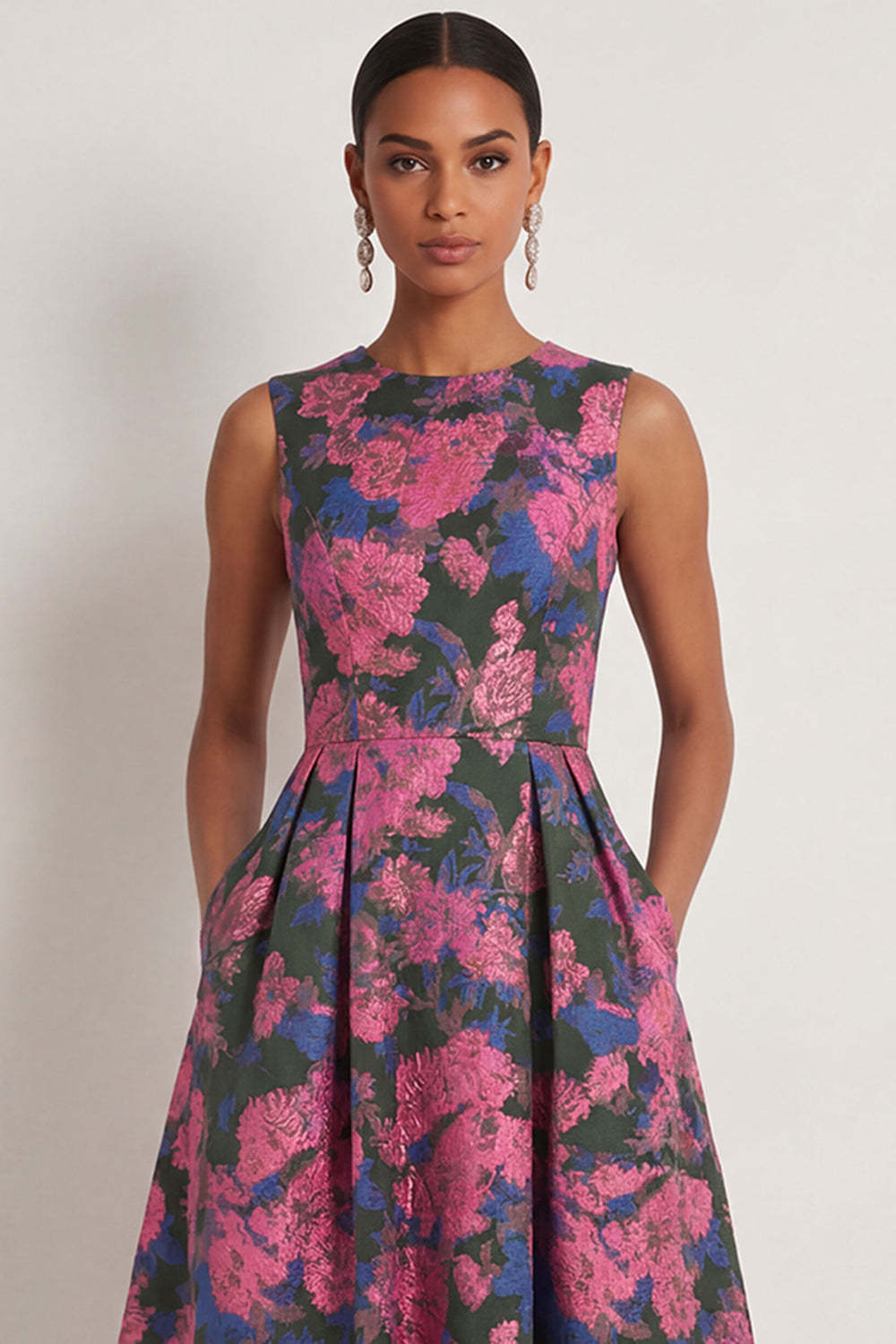 A Line Fuchsia Floral Round Neck Sleeveless Long Formal Dress