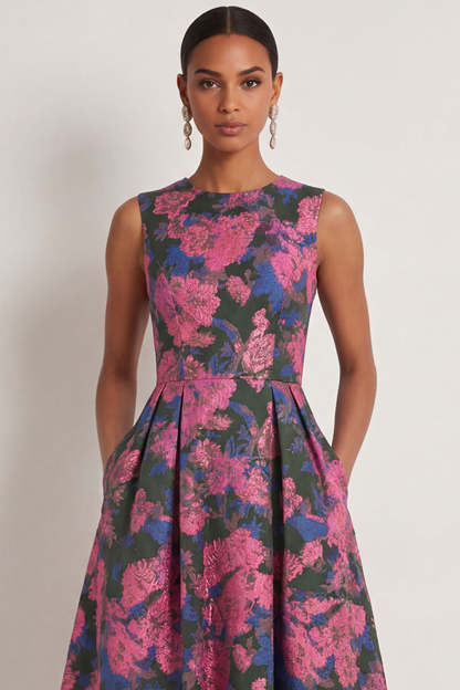 A Line Fuchsia Floral Round Neck Sleeveless Long Formal Dress
