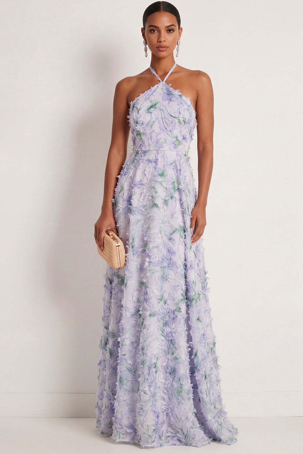 Light Purple Floral Halter Neck A Line Long Wedding Guest Dress with Cape