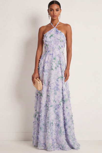 Light Purple Floral Halter Neck A Line Long Wedding Guest Dress with Cape