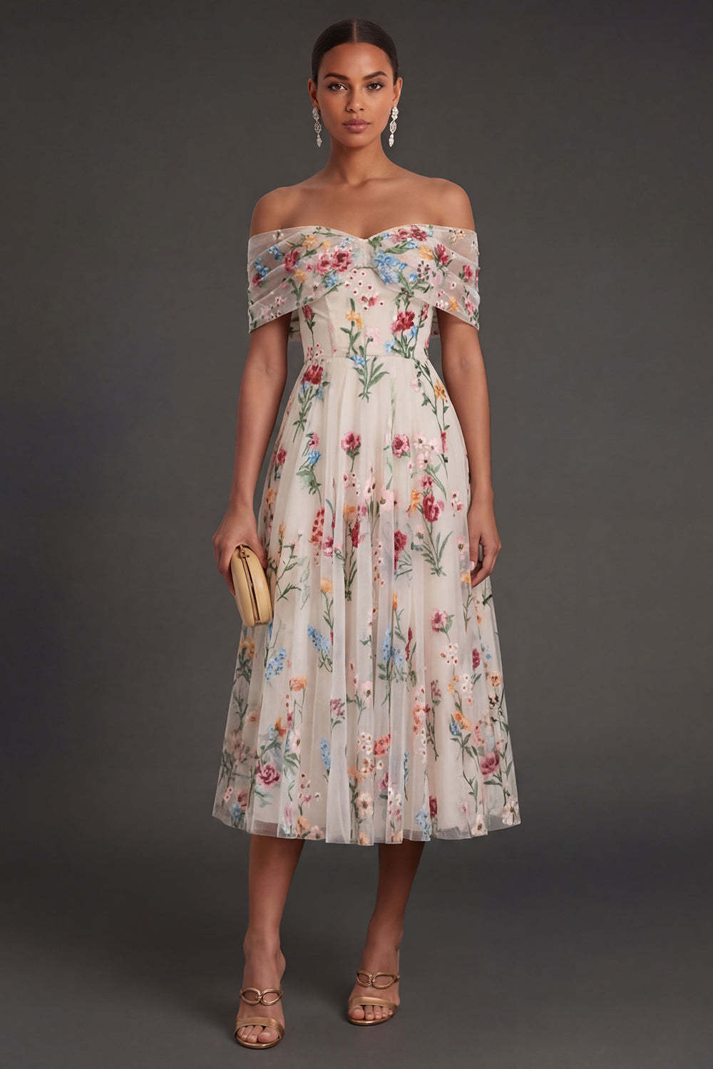 Black Floral A Line Embroidered Off the Shoulder Long Formal Dress