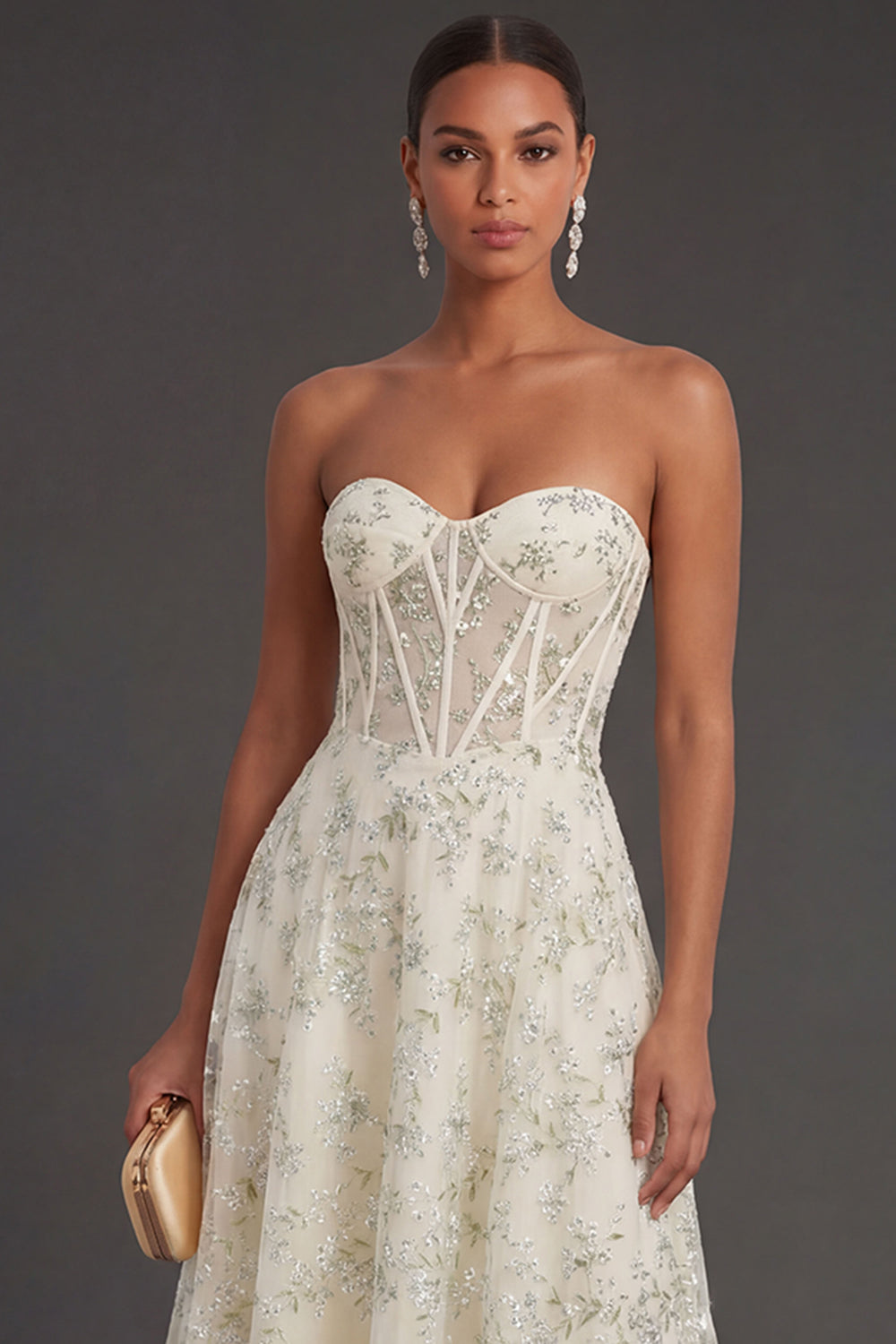 Light Green A Line Corset Floral Appliqued Long Formal Dress