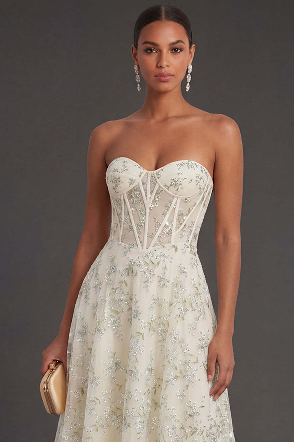 Light Green A Line Corset Floral Appliqued Long Formal Dress