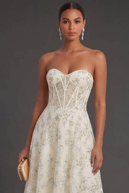 Light Green A Line Corset Floral Appliqued Long Formal Dress