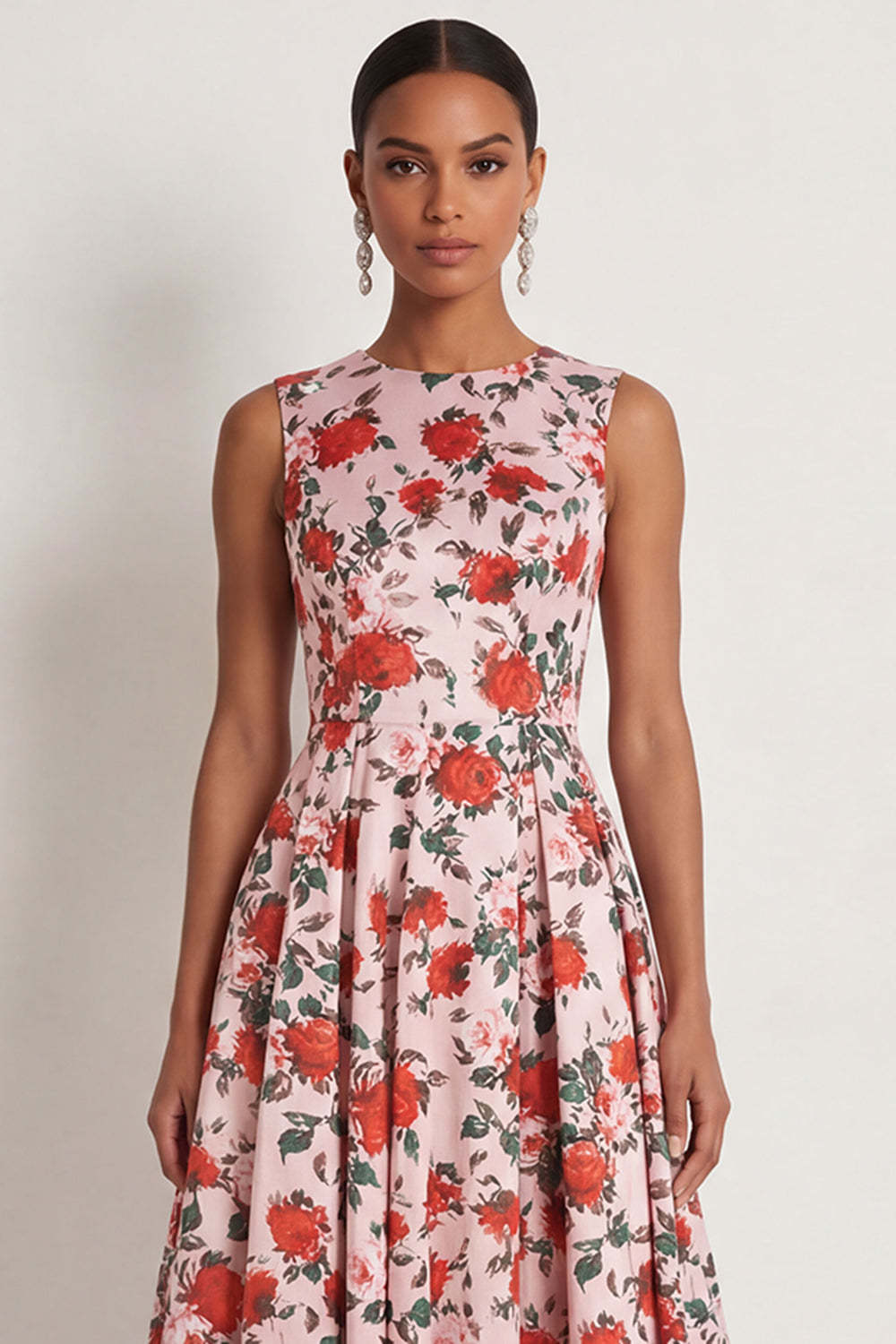 A Line Pink Red Floral Round Neck Long Formal Dress