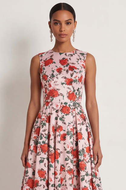 A Line Pink Red Floral Round Neck Long Formal Dress