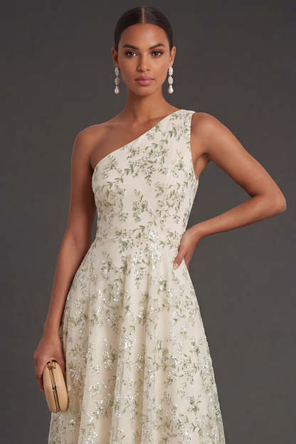 Light Green Floral A Line One Shoulder Long Formal Dress