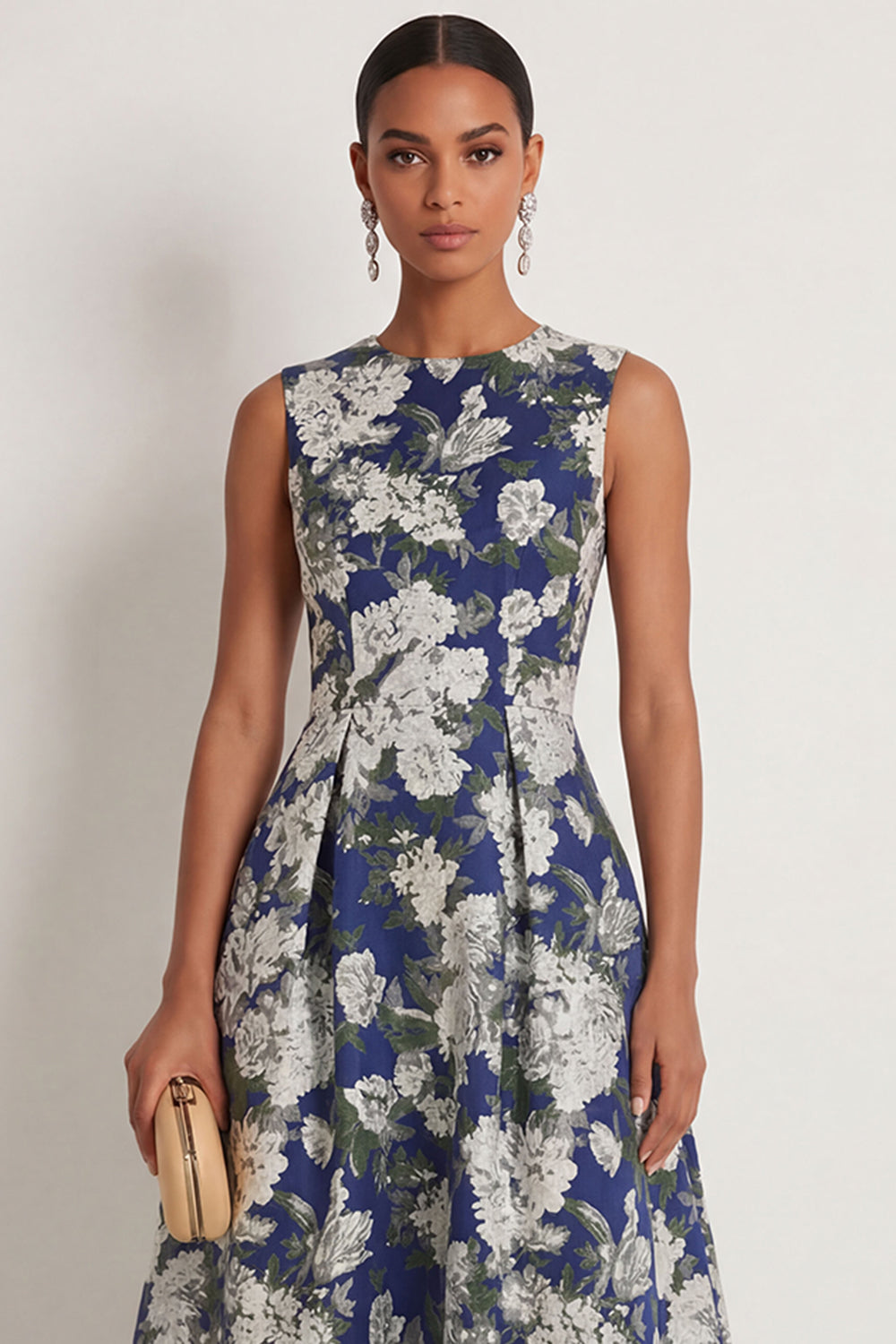 Floral Navy A Line Round Neck Long Formal Dress
