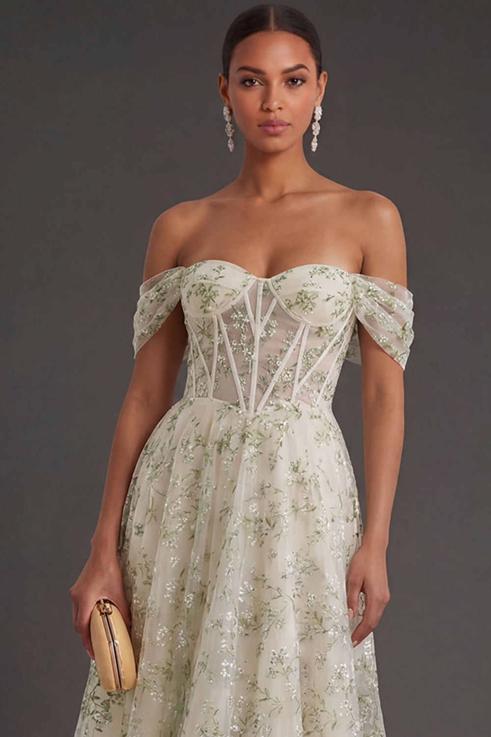 Light Green Floral A Line Corset Off the Shoulder Long Formal Dress