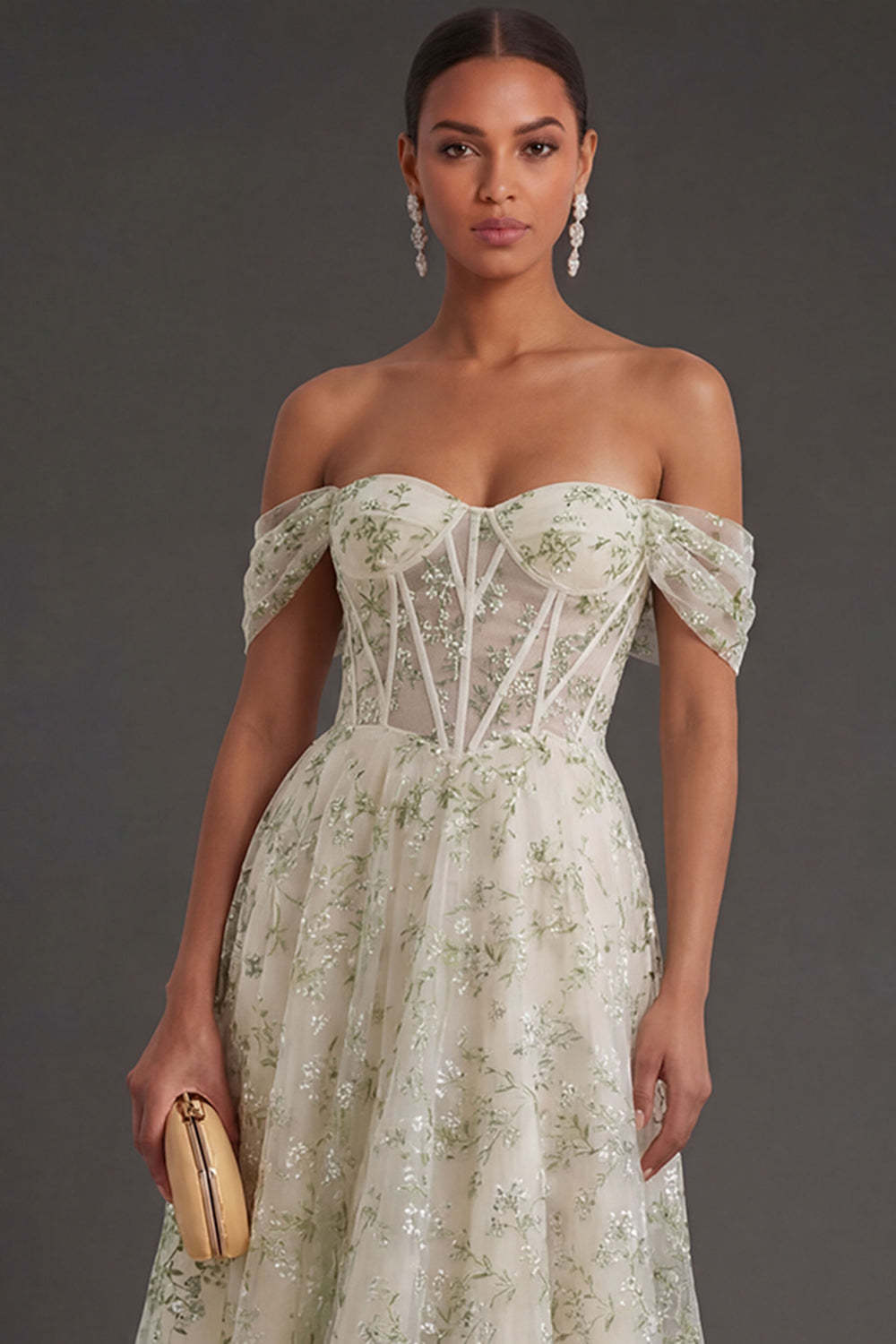 Light Green Floral A Line Corset Off the Shoulder Long Formal Dress