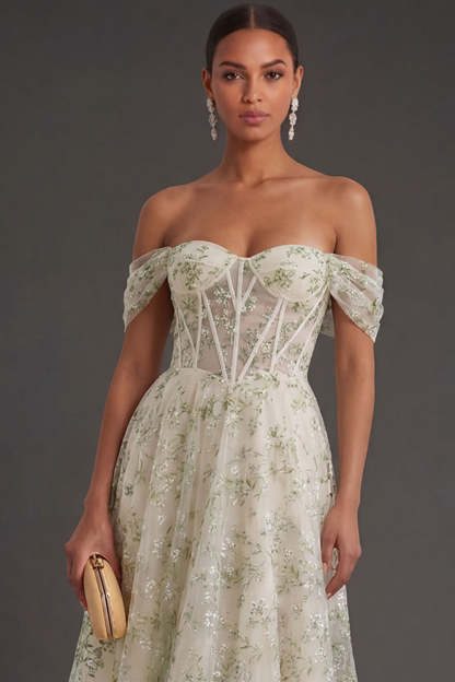Light Green Floral A Line Corset Off the Shoulder Long Formal Dress