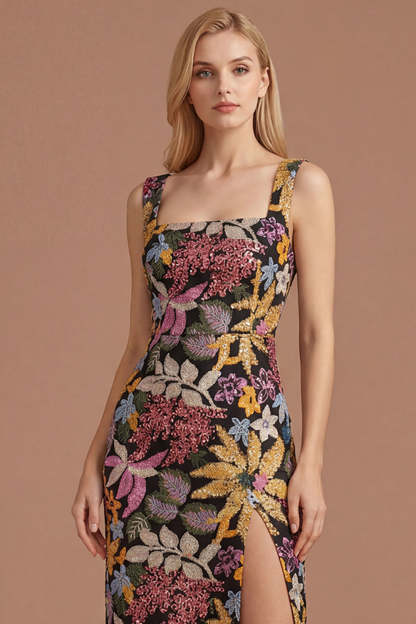 Sparkly Sequined Sheath Black Floral Thick Straps Long Formal Dress with Slit