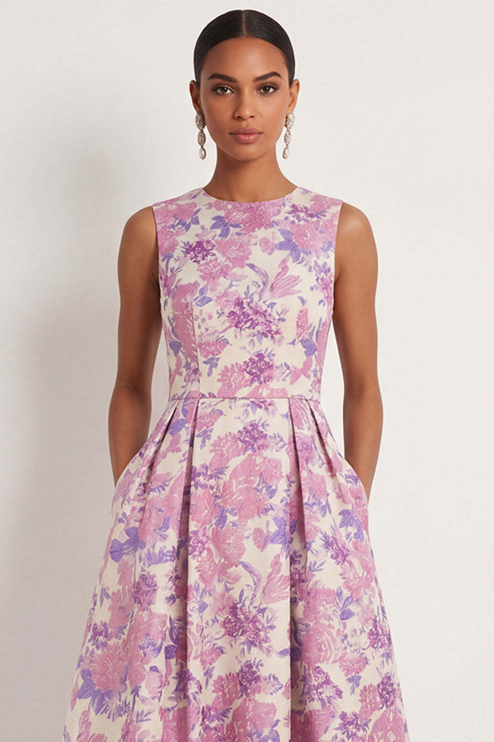 Floral Lilac A Line Round Neck Sleeveless Long Formal Dress