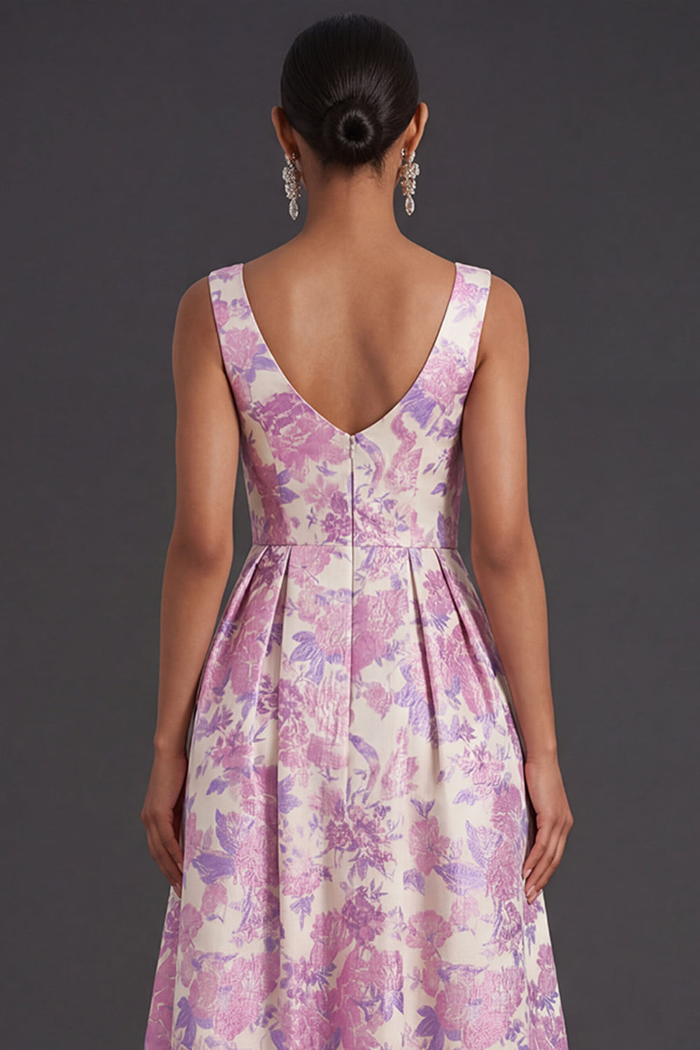 Lilac Floral A Line Square Neck Long Formal Dress with Pockets