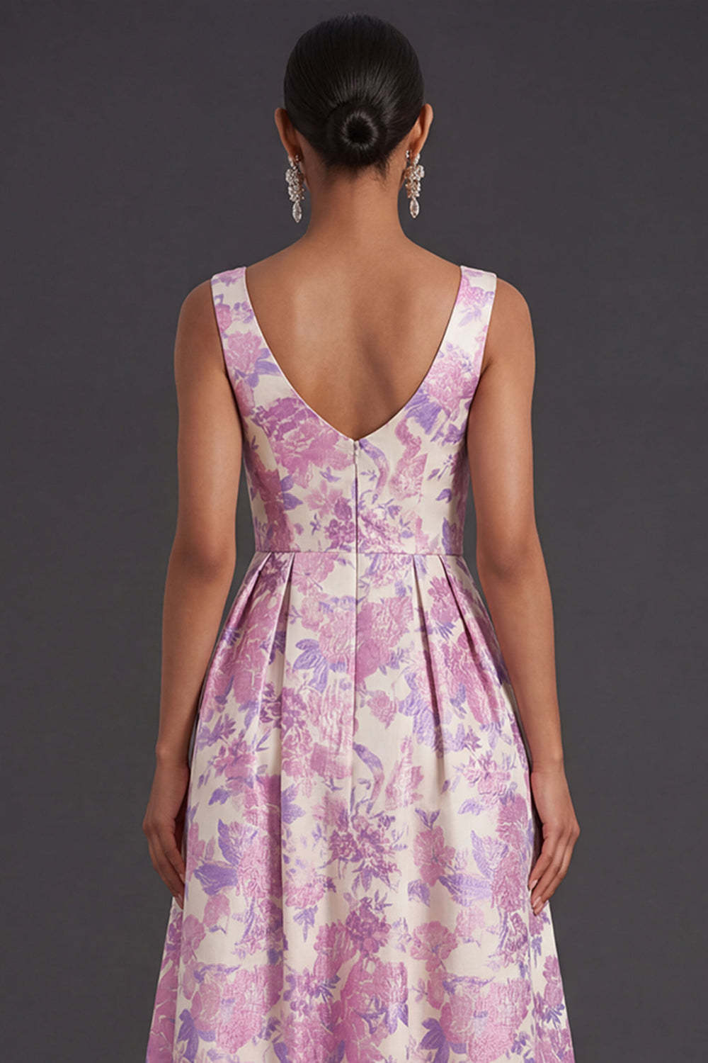Lilac Floral A Line Square Neck Long Formal Dress with Pockets
