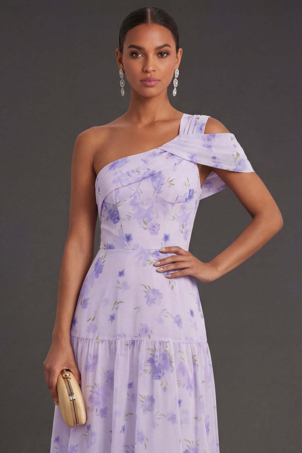 Floral Lilac One Shoulder A Line Long Formal Dress with Slit