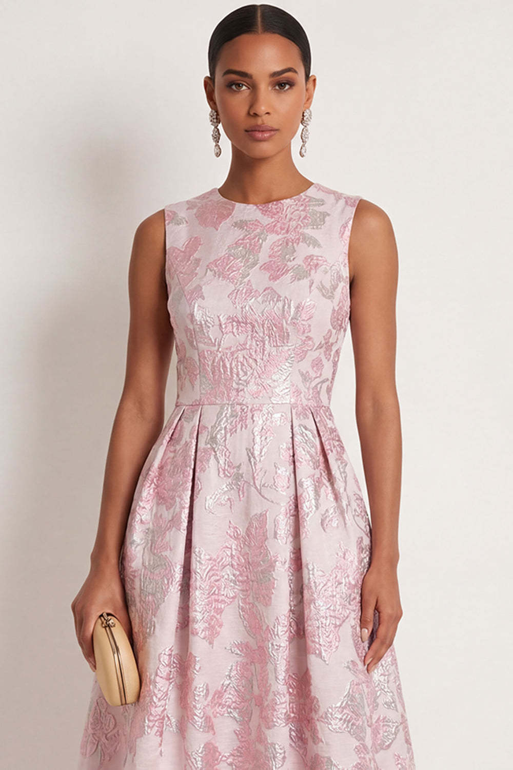 Jacquard A Line Ivory Pink Floral Round Neck Sleeveless Long Formal Dress