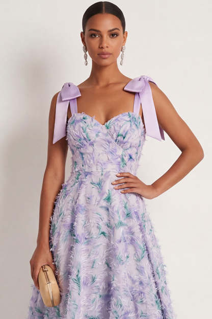 Light Purple Floral Thick Straps High Low Wedding Guest Dress with Bow