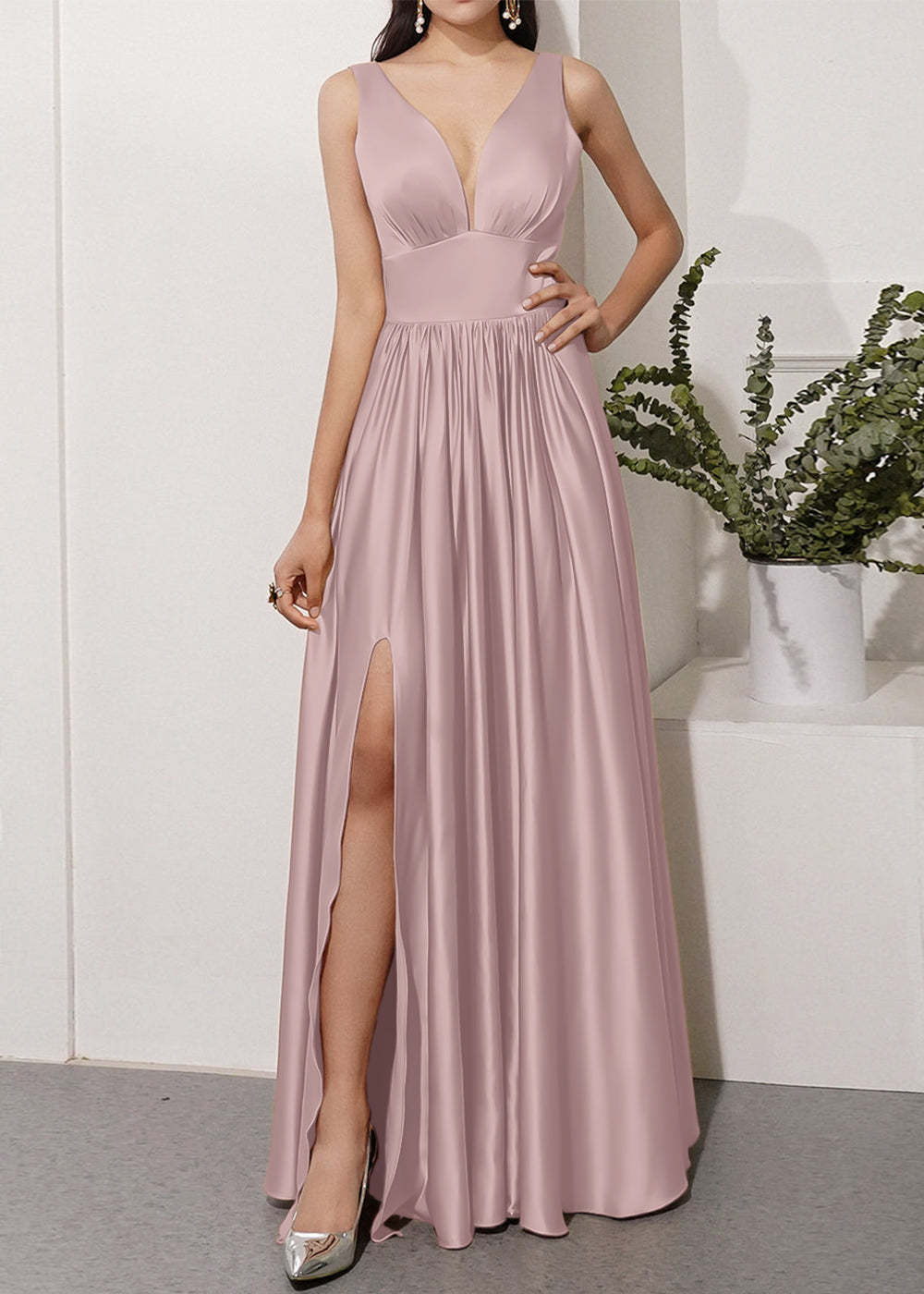 V-neck Long Bridesmaid Dress with Split