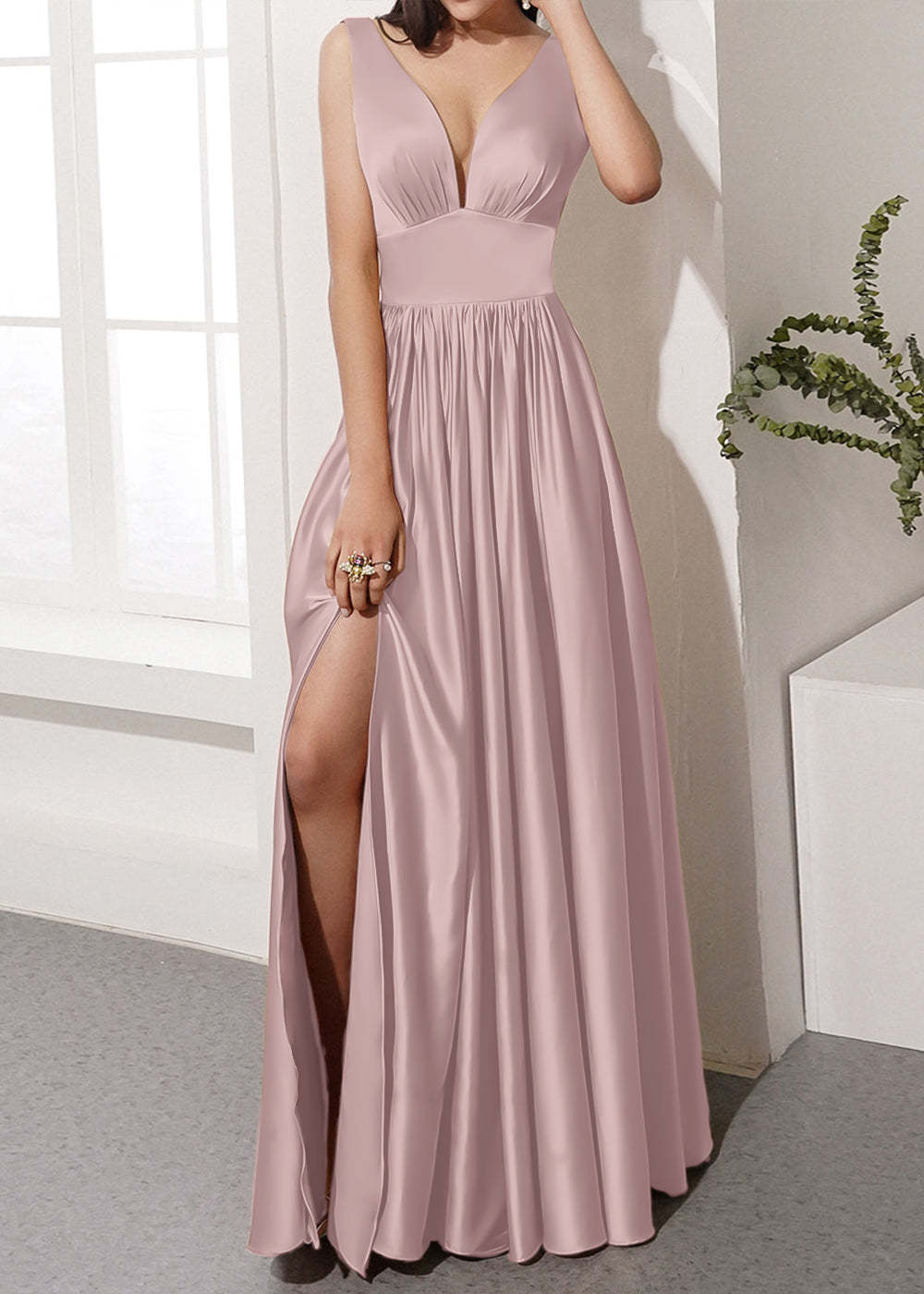 V-neck Long Bridesmaid Dress with Split