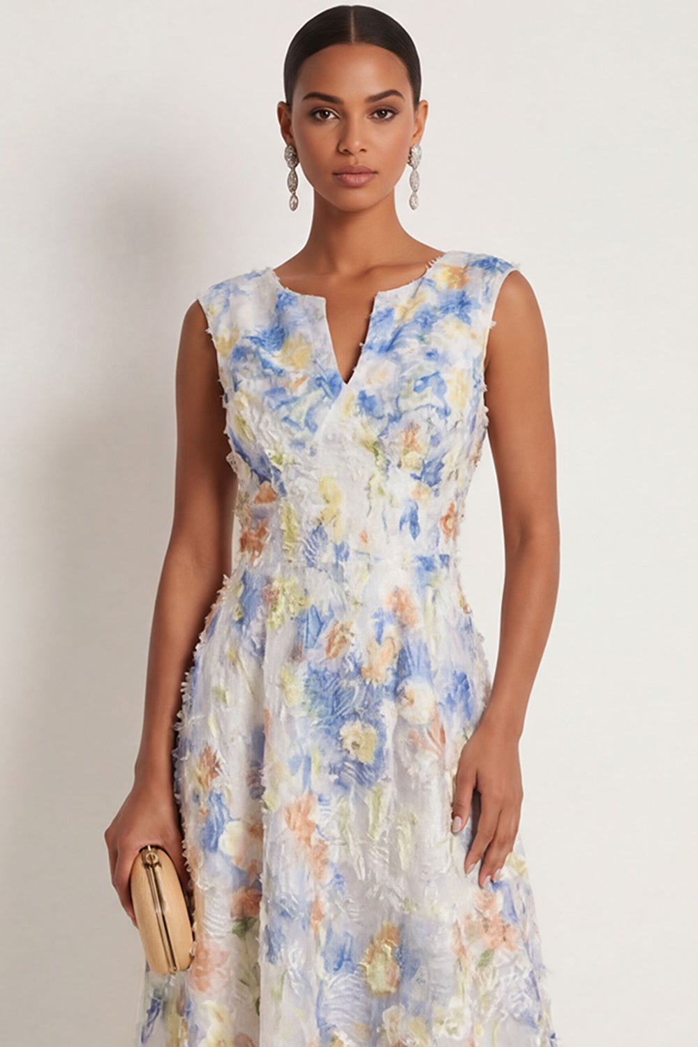 Light Blue A Line Floral Appliqued V Neck Sleeveless Long Wedding Guest Dress