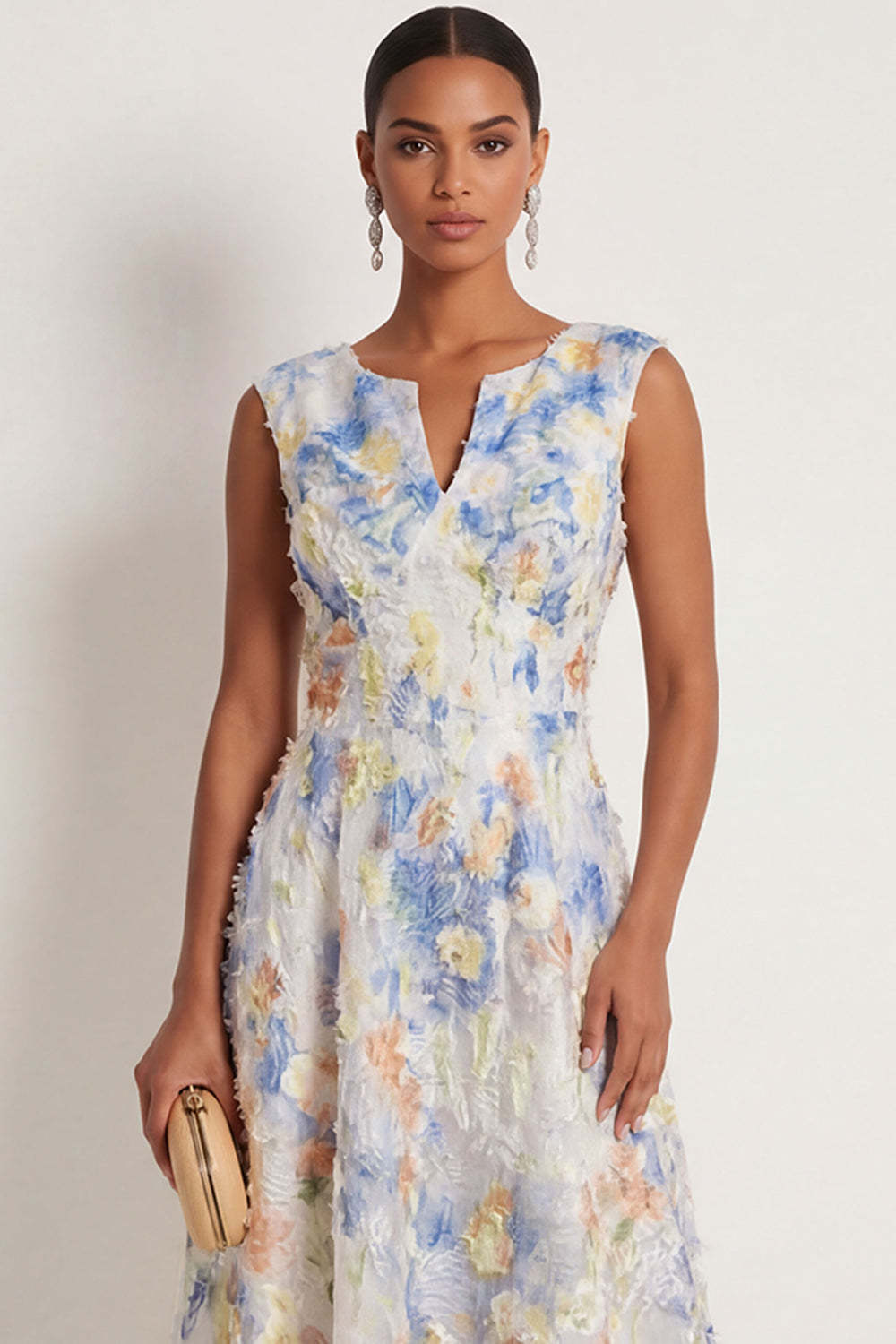 Light Blue A Line Floral Appliqued V Neck Sleeveless Long Wedding Guest Dress