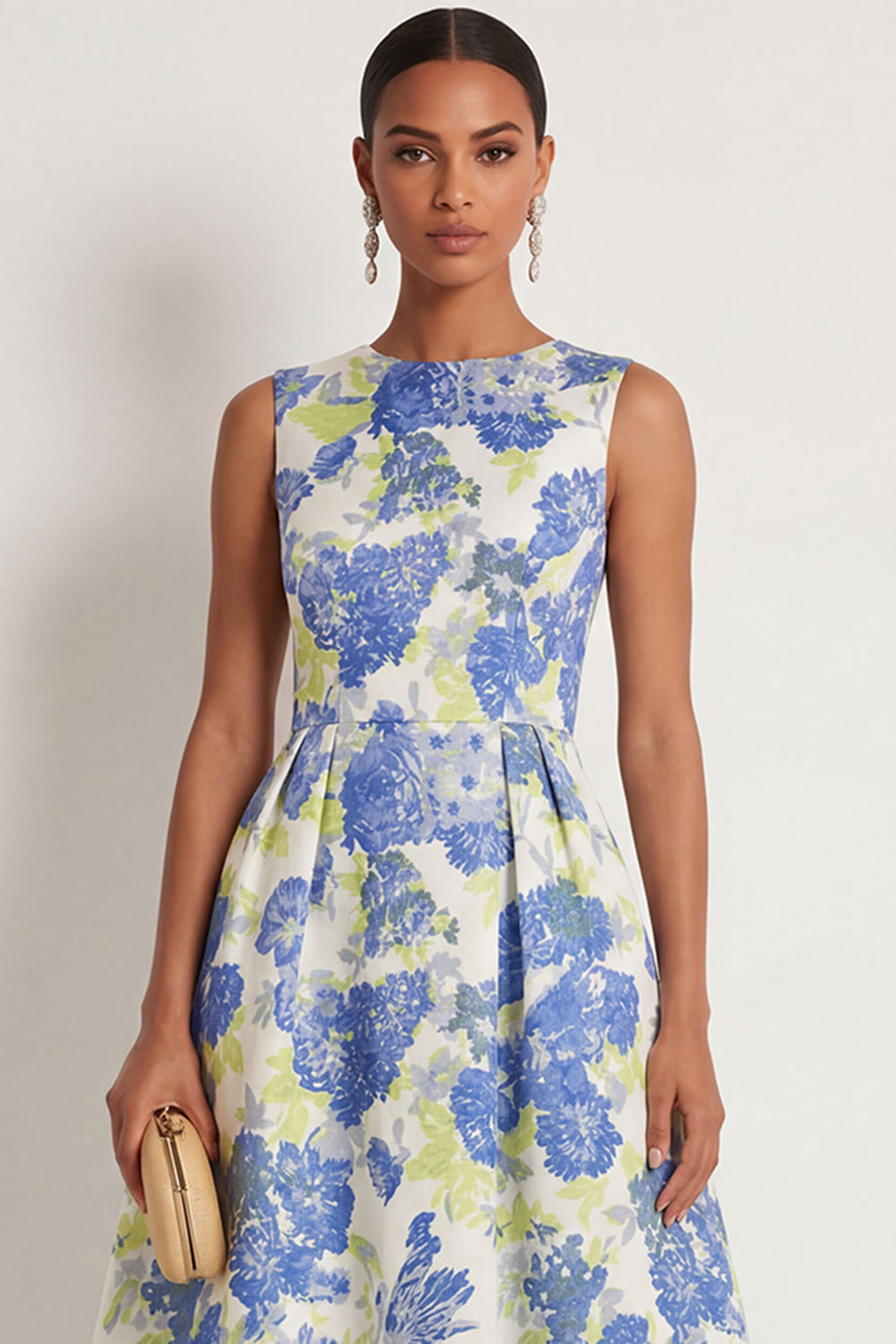 A Line Blue Daffodil Floral Round Neck Sleeveless Long Formal Dress