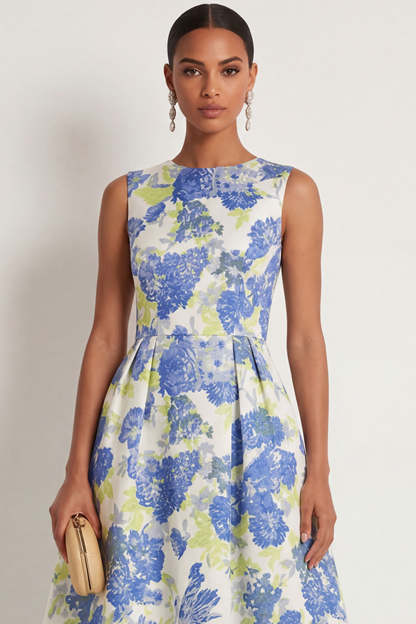 A Line Blue Daffodil Floral Round Neck Sleeveless Long Formal Dress