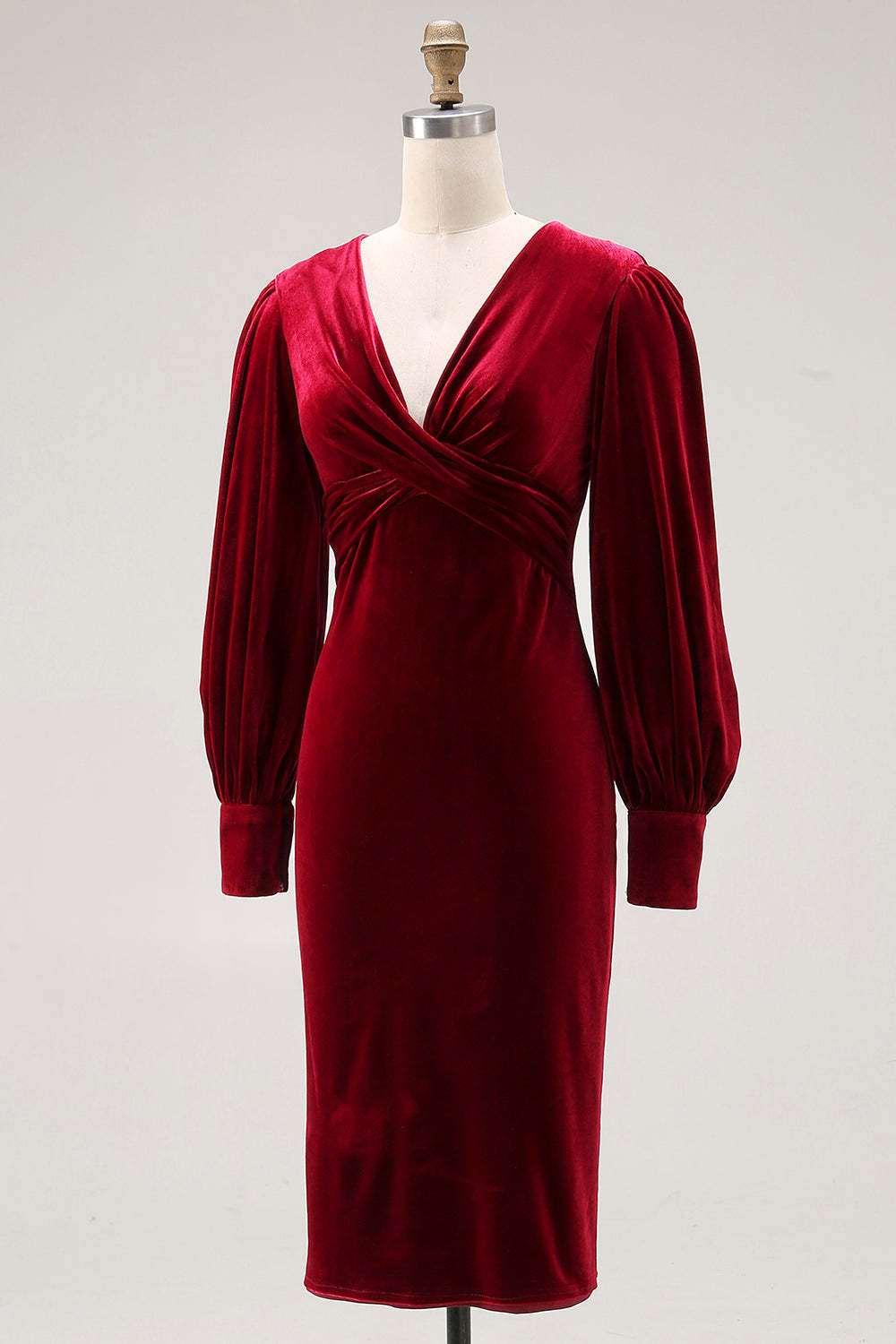 Cabernet Plus Size Velvet Midi Sheath V-Neck Formal Dress with Sleeves