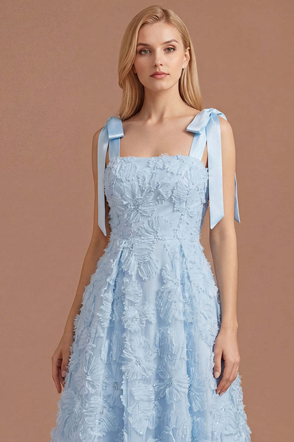 Sky Blue Floral A Line Thick Straps Appliqued Long Formal Dress